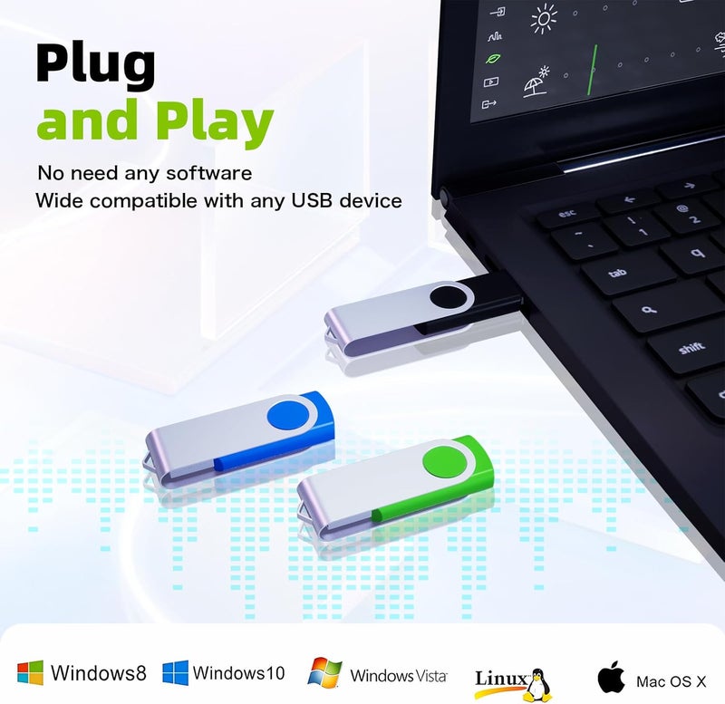 Wooolken 64GB Flash Drive 10 Pack, USB 2.0 Thumb Drive Bulk Pen Drive Metal Swivel Memory Stick 64GB 10 Colors Multipack Value Zip USB Drives with Lanyard - Image 3